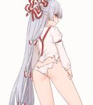  1girl ass bow burnt_clothes commentary eyebrows_visible_through_hair from_behind frown fujiwara_no_mokou grey_hair hair_bow highres long_hair long_sleeves looking_at_viewer looking_back miyo_(ranthath) no_pants panties red_eyes shirt simple_background solo suspenders sweat touhou underwear very_long_hair white_background white_panties white_shirt 