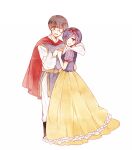  1boy 1girl bangs blush bow cape commentary_request cosplay dress eyepatch frills full_body hair_bow hair_over_one_eye hands_up hetero holding_hands kaneki_ken kirishima_touka open_mouth puffy_sleeves red_bow red_cape short_hair short_sleeves simple_background smile snow_white_(disney) snow_white_(disney)_(cosplay) striped_sleeves the_prince_(disney) the_prince_(disney)_(cosplay) tokyo_ghoul toukaairab white_background white_eyepatch 
