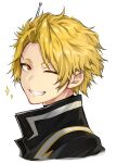  1boy ;) absurdres bangs black_jacket blonde_hair boku_no_hero_academia commentary_request cropped_shoulders from_side grin hair_ornament highres jacket kaminari_denki looking_at_viewer looking_to_the_side male_focus multicolored multicolored_clothes multicolored_jacket notice_lines one_eye_closed shiny shiny_hair short_hair simple_background smile solo tena_(tena_0711) two-tone_jacket white_background 