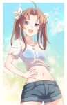  1girl :d ahoge bangs bikini bikini_under_clothes blue_bikini blue_shorts blush breasts brown_hair denim denim_shorts e20 hair_ribbon hand_on_hip highres kagerou_(kancolle) kantai_collection long_hair looking_at_viewer navel open_mouth parted_bangs ribbon see-through shirt short_shorts short_sleeves shorts small_breasts smile solo swimsuit tied_shirt twintails violet_eyes white_ribbon white_shirt 