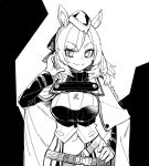  1girl animal_ears arknights armor bow cloak commentary_request greyscale hair_bow hand_on_hip hand_up hat horse_ears kingdom_of_kazimierz_logo long_sleeves looking_at_viewer monochrome post short_hair simple_background smile solo split_mouth straight-on twitter_username upper_body whislash_(arknights) white_background yom 