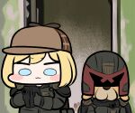  1girl :3 aiming_at_viewer black_gloves blonde_hair blue_eyes brown_headwear bubba_(watson_amelia) cosplay detective dog gloves gun hat helmet holding holding_gun holding_weapon hololive hololive_english jazz_jack judge_dredd judge_dredd_(cosplay) long_sleeves looking_at_viewer military military_uniform rifle solo uniform virtual_youtuber watson_amelia weapon 