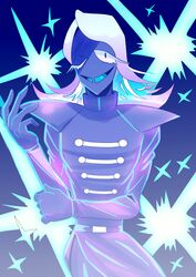  1boy absurdres blue_background blue_skin colored_skin deltarune hand_up highres jiba_(mirukurimu89) long_hair long_sleeves one_eye_closed rouxls_kaard simple_background solo standing white_hair 