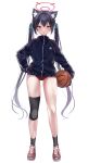  1girl basketball black_hair blue_archive buruma full_body gloves halo highres jacket knee_pads looking_at_viewer open_mouth ponpon_nun red_eyes serika_(blue_archive) shoes simple_background solo sportswear standing twintails white_background 