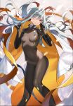 1girl 2qba barcode bodysuit breasts counter_side covered_navel highres holding holding_clothes honeycomb_(pattern) long_hair looking_at_viewer multicolored_hair one_eye_closed orange_hair qr_code red_eyes sigma_(counter_side) silver_hair skin_tight small_breasts solo 
