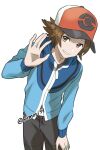  1boy baseball_cap belt_buckle blue_jacket brown_eyes brown_hair buckle commentary_request eyebrows_visible_through_hair hand_up hat highres hilbert_(pokemon) jacket long_sleeves male_focus nagiru pants parted_lips poke_ball_print poke_ball_symbol pokemon pokemon_(game) pokemon_bw shirt short_hair simple_background smile solo twitter_username white_background zipper_pull_tab 