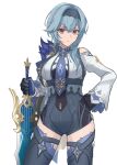  1girl bangs blue_hair blue_legwear bodysuit breasts eula_(genshin_impact) genshin_impact hairband halterneck hand_on_hip highres holding holding_sword holding_weapon looking_at_viewer mon-chan necktie solo sword thigh-highs thighs weapon white_background yellow_eyes 
