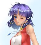  1girl blue_eyes breasts dark-skinned_female dark_skin earrings fushigi_no_umi_no_nadia hair_ornament hairclip highres jewelry kamehito looking_at_viewer nadia_la_arwall neck_ring necklace one_eye_closed open_mouth purple_hair red_vest short_hair simple_background smile solo strapless tube_top vest 