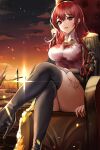  1girl absurdres bangs black_legwear chair collared_shirt crossed_legs epaulettes high_heels highres lillly looking_at_viewer military military_uniform original outdoors red_eyes redhead shirt sitting smile solo thick_thighs thigh-highs thighs uniform 