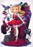  1girl alcohol ascot bangs bat blonde_hair blush book book_stack carpet coffin crystal cup drinking_glass flandre_scarlet frilled_shirt_collar frilled_skirt frills gunjou_row hat highres knees laevatein_(touhou) looking_at_viewer mary_janes mob_cap nail_polish pointy_ears puffy_short_sleeves puffy_sleeves red_eyes red_footwear red_nails red_skirt red_vest shirt shoes short_hair_with_long_locks short_sleeves side_ponytail simple_background skirt slit_pupils socks solo standing table tablecloth touhou vampire vest white_background white_legwear white_shirt wine wine_glass wings wooden_floor yellow_neckwear 