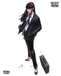  1girl bangs black_eyes black_hair briefcase cigarette diadem full_body guweiz high_heels highres jacket leather leather_jacket long_hair necktie original simple_background solo white_background 