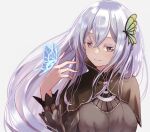  1girl absurdres bangs blue_butterfly breasts brown_capelet bug butterfly butterfly_hair_ornament capelet crossed_bangs echidna_(re:zero) grey_background grey_hair hair_between_eyes hair_ornament hand_up highres li_zhu long_hair long_sleeves looking_at_viewer medium_breasts nail_polish re:zero_kara_hajimeru_isekai_seikatsu shiny shiny_hair silver_hair simple_background smile solo upper_body 