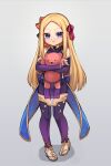  1girl abigail_williams_(fate) armlet bangs bare_shoulders blonde_hair blue_eyes blush bracelet breasts collar cosplay detached_sleeves dress earrings fate/grand_order fate_(series) forehead full_body hair_ribbon highres jewelry kama_(fate) kama_(fate)_(cosplay) long_hair looking_at_viewer metal_collar miniskirt miya_(miyaruta) parted_bangs pelvic_curtain pout purple_dress purple_legwear purple_skirt purple_sleeves ribbon ring sandals skirt small_breasts stuffed_animal stuffed_toy teddy_bear thigh-highs thighlet 