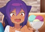  1girl animal_ears bangs bare_shoulders brown_eyes dark-skinned_female dark_skin derivative_work eyebrows_visible_through_hair food hair_between_eyes hands_up ice_cream jahy jahy-sama_wa_kujikenai! long_hair off_shoulder purple_hair shirt slit_pupils solo upper_body white_shirt yutsuki_warabi 