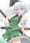  1girl black_bow black_hairband black_neckwear black_ribbon blue_eyes bob_cut bow bowtie collared_shirt green_skirt green_vest hair_ribbon hairband highres katana konpaku_youmu ribbon shirt short_hair short_sleeves silver_hair skirt skirt_set solo sword touhou vest weapon white_shirt yuuka_(a0240765) 