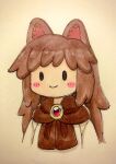  1girl animal_ear_fluff animal_ears blush_stickers brooch brown_hair brown_scarf chibi closed_mouth highres imaizumi_kagerou jewelry looking_at_viewer photo_(medium) poronegi scarf smile solid_oval_eyes solo touhou traditional_media upper_body wolf_ears 