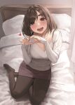  1girl :d bed bed_sheet black_footwear black_hair black_legwear blanket blush breasts curtains finger_heart ganbare_douki-chan heart heart_print hinaki kouhai-chan_(douki-chan) large_breasts looking_at_viewer mole mole_on_breast nail_polish on_bed open_mouth pantyhose pillow round_teeth see-through_shirt shirt short_hair sitting smile solo teeth thick_eyebrows v-neck white_shirt yokozuwari 