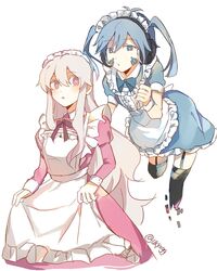  2girls alternate_costume antenna_hair apron bangs black_bow black_legwear blue_bow blue_dress blue_eyes blue_hair bow clothes_grab dress ene_(kagerou_project) enmaided frilled_apron frills garter_straps headphones juliet_sleeves kagerou_project kozakura_marry long_hair long_sleeves maid maid_headdress multiple_girls otorigg pink_dress pink_eyes puffy_sleeves sidelocks sleeve_cuffs thigh-highs twintails white_apron white_hair 