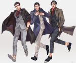  3boys adapted_costume alternate_universe autumn black_footwear black_hair black_jacket black_vest blue_jacket brown_jacket eyepatch facial_hair fangs formal friends full_body hand_in_pocket highres irei_yukitoshi jacket kiryuu_kazuma long_jacket majima_gorou male_focus medium_hair multiple_boys nishikiyama_akira print_footwear red_shirt ryuu_ga_gotoku sharp_teeth shirt short_hair sleeves_rolled_up smirk snake_print teeth thick_eyebrows vest walking watch watch white_footwear yakuza yawning 