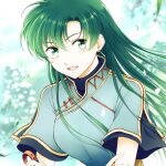  1girl absurdres blue_dress dress earrings fire_emblem fire_emblem:_the_blazing_blade green_eyes green_hair highres holding_hair_ornament jewelry leaves_in_wind long_hair looking_at_viewer lyn_(fire_emblem) shirokuroma_29 smile symbol-only_commentary 