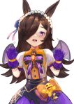 1girl animal_ears bangs blue_flower blush bow brown_hair claw_pose commentary_request demon_wings fangs flower gloves hair_flower hair_ornament hair_over_one_eye hands_up highres horse_ears long_hair looking_at_viewer make_up_in_halloween!_(umamusume) mg42cat-k1ng open_mouth orange_bow puffy_short_sleeves puffy_sleeves purple_gloves purple_skirt purple_wings rice_shower_(umamusume) shirt short_sleeves simple_background skirt solo striped striped_bow umamusume very_long_hair violet_eyes wavy_mouth white_background white_shirt wings 