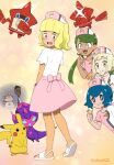  +_+ 3boys 3girls ^^^ ash_ketchum bangs blonde_hair blue_eyes blue_hair blush brown_eyes closed_mouth commentary_request cosplay eyelashes fang green_eyes green_hair hands_up hat highres ichina0107 joy_(pokemon) joy_(pokemon)_(cosplay) kiawe_(pokemon) kneepits lana_(pokemon) lillie_(pokemon) long_hair mallow_(pokemon) multiple_boys multiple_girls nurse_cap open_mouth pikachu pink_headwear pink_skirt poipole pokemon pokemon_(anime) pokemon_(creature) pokemon_sm_(anime) rotom rotom_dex sandals shirt short_hair short_sleeves skirt smile sophocles_(pokemon) sparkle standing swept_bangs taking_picture teeth thumbs_up tongue twintails twitter_username ultra_beast upper_teeth white_footwear white_shirt wig 