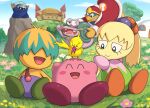  blue_sky boulder bun_(kirby) castle_dedede closed_eyes escargon flower fumu_(kirby) gonzarez grass highres hill king_dedede kirby kirby&#039;s_house kirby:_right_back_at_ya kirby_(series) looking_at_another meta_knight ponytail sky smile tokkori_(kirby) tree 