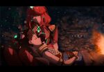  1boy 1girl brown_hair chest_jewel embers headpiece highres lap_pillow linzi looking_at_another pyra_(xenoblade) redhead rex_(xenoblade) short_hair sleeping smile xenoblade_chronicles_(series) xenoblade_chronicles_2 