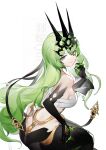  1girl absurdres ass back backless_dress backless_outfit bangs black_dress black_gloves claw_ring closed_mouth crown dress elbow_gloves gloves green_eyes green_hair hair_between_eyes highres honkai_(series) honkai_impact_3rd long_hair looking_at_viewer looking_back mobius_(honkai_impact) simple_background sleeveless sleeveless_dress smile solo wavy_hair white_background yushi_quetzalli 