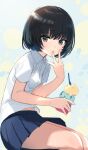  1girl bangs black_hair black_skirt blush buttons chorefuji closed_mouth commentary_request eyebrows_visible_through_hair food from_side grey_eyes holding hunched_over ice_cream original pleated_skirt shiny shiny_hair shirt short_hair short_sleeves skirt smile solo white_shirt 