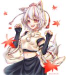  1girl :d animal_ear_fluff animal_ears arms_up autumn_leaves bangs black_skirt blush breasts commentary_request cowboy_shot dauchimk_1113 dress elbow_gloves eyebrows_visible_through_hair fingerless_gloves gloves hair_between_eyes hat inubashiri_momiji looking_at_viewer medium_breasts midriff navel open_mouth pom_pom_(clothes) red_eyes ribbon-trimmed_sleeves ribbon_trim short_hair simple_background skirt sleeveless sleeveless_dress smile tail tassel teeth tokin_hat touhou upper_body upper_teeth white_background white_hair wide_sleeves wolf_ears wolf_tail 