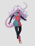  1girl android_21 boots breasts checkered checkered_dress colored_skin detached_sleeves dragon_ball dragon_ball_fighterz dress earrings full_body glasses grey_background hair_between_eyes jewelry kemachiku long_hair looking_at_viewer majin_android_21 medium_breasts pink_skin red_eyes red_footwear short_hair simple_background smile solo tail white_hair 
