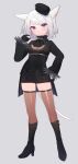  1girl animal_ears black_dress black_footwear boots braid cat_ears cat_tail closed_mouth contrapposto dress final_fantasy final_fantasy_xiv full_body funa_(sakana) hand_on_hip hat high_heel_boots high_heels highres holding holding_hair knee_boots light_frown long_sleeves miqo&#039;te short_dress silver_hair simple_background tail thigh-highs thighs violet_eyes wide_sleeves zettai_ryouiki 