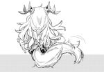  1girl ahoge arknights commentary_request facing_away from_behind greyscale halftone horns leizi_(arknights) long_hair monochrome qilin_(mythology) simple_background solo tail twitter_username upper_body very_long_hair white_background yom 