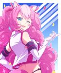  1girl ;d animal_ear_fluff animal_ears bare_shoulders blue_eyes breasts confetti e20 elbow_gloves from_behind gloves hair_ribbon long_hair looking_at_viewer looking_back medium_breasts multicolored_hair one_eye_closed open_mouth pink_hair red_ribbon ribbon show_by_rock!! smile solo sumomone_(show_by_rock!!) tail two-tone_hair very_long_hair vest white_gloves white_vest 