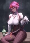  1girl alcohol bare_shoulders blush bottle breasts cigar echt elbow_gloves fishnet_legwear fishnets genshin_impact gloves highres large_breasts looking_at_viewer pantyhose purple_hair purple_legwear rosaria_(genshin_impact) smoking solo sweatdrop violet_eyes white_gloves 