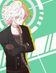  1boy bangs black_jacket brown_shirt chain choker closed_mouth collar collarbone cowboy_shot crossed_arms danganronpa_(series) danganronpa_3_(anime) green_background grey_background hair_between_eyes highres illlight jacket komaeda_nagito long_sleeves looking_at_viewer male_focus metal_collar official_alternate_costume red_shirt shirt smile solo striped striped_shirt upper_body white_background white_hair 