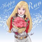  1980s_(style) 1girl alfin belt blonde_hair blue_eyes bouquet breasts crusher_joe english_text flower gloves happy_birthday jacket long_hair looking_at_viewer open_mouth retro_artstyle rose signature smile solo umeno_ryuuji 