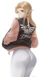  1girl ass bangs blonde_hair blue_eyes earrings elf from_behind hands_in_pockets highres jacket jewelry leggings parted_bangs pointy_ears pointy_nose princess_zelda solo super_smash_bros. the_legend_of_zelda the_legend_of_zelda:_a_link_between_worlds thighs tommy_(kingdukeee) triforce triforce_print white_legwear 