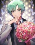 1boy bouquet commentary_request flower formal green_hair grey_eyes highres holding holding_bouquet male_focus necktie penguu_(green528) shirt smile solo spada_belforma suit tales_of_(series) tales_of_innocence white_suit 