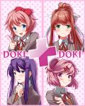  4girls anniversary bangs blazer bow brown_hair brown_jacket collared_shirt copyright_name doki_doki_literature_club eyebrows_visible_through_hair geppei grass hair_bow hair_intakes highres hosoboso jacket lying monika_(doki_doki_literature_club) multiple_girls natsuki_(doki_doki_literature_club) on_back open_mouth orange_vest pink_hair ponytail purple_hair red_bow sayori_(doki_doki_literature_club) school_uniform shirt short_hair smile vest white_shirt yuri_(doki_doki_literature_club) 