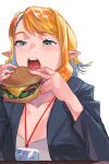  1girl bangs blonde_hair blue_jacket burger collarbone commentary eating elf food green_eyes highres holding holding_food id_card jacket looking_at_food open_mouth original pointy_ears rasetsu001 shirt short_hair simple_background solo teeth unbuttoned upper_body upper_teeth white_background white_shirt 