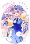  alcohol beer beer_mug blue_kimono blush character_name cup fukurahagi_uomaru ghost hat highres hitodama japanese_clothes kimono looking_at_viewer mob_cap mug pink_hair red_eyes saigyouji_yuyuko smile touhou triangular_headpiece yukata 