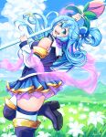  1girl :d aqua_(konosuba) ass bangs black_footwear blue_eyes blue_hair blue_sky blurry boots clouds cloudy_sky commentary depth_of_field detached_sleeves english_commentary eyebrows_visible_through_hair field flower flower_field folded_ponytail from_side grass hagoromo hair_between_eyes hair_bobbles hair_ornament high_heels highres holding holding_staff kono_subarashii_sekai_ni_shukufuku_wo! leaning_back long_hair long_sleeves looking_at_viewer meltyrice open_mouth pleated_skirt shawl sidelocks skirt sky smile solo staff standing standing_on_one_leg thigh-highs thigh_boots zettai_ryouiki 