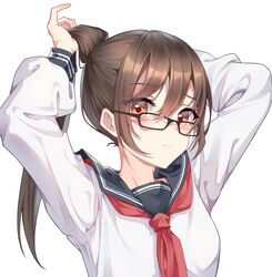  1girl :&lt; absurdres aluo_7762 arms_up bangs black-framed_eyewear black_sailor_collar blush brown_hair closed_mouth commentary_request eyebrows_visible_through_hair glasses hair_between_eyes highres long_hair long_sleeves looking_at_viewer neckerchief orange_eyes original ponytail red_neckwear sailor_collar school_uniform serafuku shirt simple_background solo tying_hair upper_body white_background white_shirt 