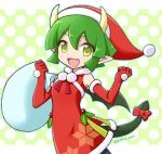  1girl draco_centauros dragon_girl dragon_horns dragon_tail dragon_wings elbow_gloves eyebrows_visible_through_hair fang gloves green_eyes green_hair hat holding holding_sack horns looking_at_viewer open_mouth pointy_ears puyopuyo puyopuyo_quest red_gloves red_headwear sack santa_costume santa_hat short_hair smile solo tail takazaki_piko wings 