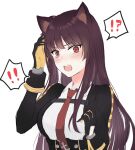  ! !! !? 1girl animal_ears black_gloves black_jacket blush breasts cat_ears eyebrows_visible_through_hair girls_frontline gloves hand_in_hair highres jacket long_hair looking_at_viewer necktie open_mouth purple_hair red_eyes red_neckwear shirt solo sui_(camellia) sweat teardrop upper_body wa2000_(girls&#039;_frontline) white_background white_shirt 