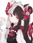  1girl :3 absurdres animal_ear_fluff animal_ears bangs bell black_dress black_hair bow bowtie buttons cat_ears cat_tail double-breasted dress hair_bell hair_bow hair_ornament highres jingle_bell kemonomimi_mode long_hair long_sleeves looking_at_viewer maid_headdress mono_02 multicolored_hair nijisanji puffy_long_sleeves puffy_sleeves red_bow red_eyes red_neckwear shirt sleeveless sleeveless_dress solo streaked_hair tail twintails two-tone_hair upper_body very_long_hair virtual_youtuber white_hair white_shirt yorumi_rena 