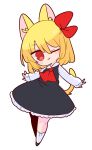  1girl :3 animal_ears ascot black_dress blonde_hair cat_ears cat_girl cat_tail collared_shirt dress hair_ribbon highres one_eye_closed op_na_yarou outstretched_arms red_eyes red_neckwear red_ribbon ribbon rumia shirt short_hair simple_background skirt skirt_set socks solo spread_arms tail touhou white_background white_shirt 