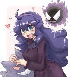  @_@ alternate_breast_size bangs blue_eyes blush breasts commentary_request dress eyebrows_visible_through_hair flying_sweatdrops gastly gengar hair_between_eyes heart hex_maniac_(pokemon) highres large_breasts long_hair long_sleeves messy_hair open_mouth pae_(ac40935_m41) pink_background pokemon pokemon_(creature) pokemon_(game) pokemon_xy purple_dress turtleneck turtleneck_dress two-tone_background white_background 